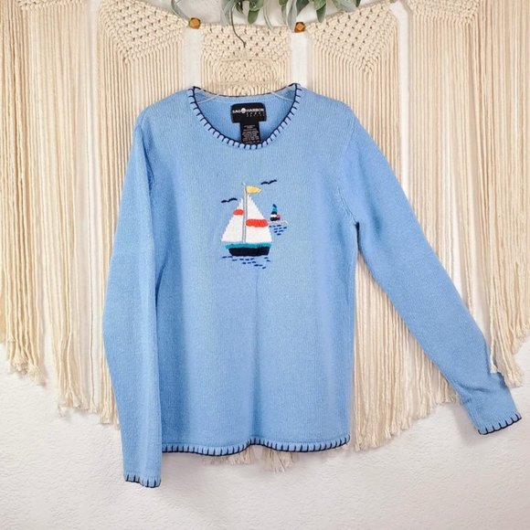 Sag Harbor Sweaters - Sag Harbor Nautical Crew Neck Sky Blue Knit Embroidered Sweater, Size XS